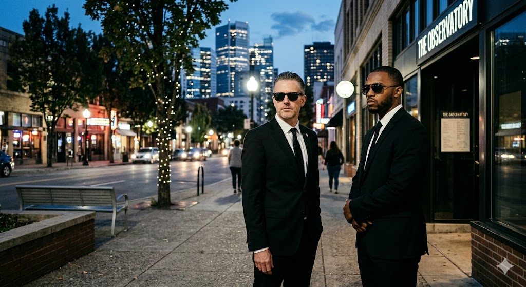 Photorealistic, Nikon camera, crisp details and edges on concrete, lights, trees, benches, storefronts, sunglasses, etc. The background is a city street lit up at night with a few skyscrapers in the distance. Two physically fit agents, dressed to kill in black suits and ties, stand in the foreground. One is middle-aged, white, and faces the camera, looking just above and past it. The other is in his late twenties, black, and glancing left like a badass. Both wear dark sunglasses even though it’s early evening