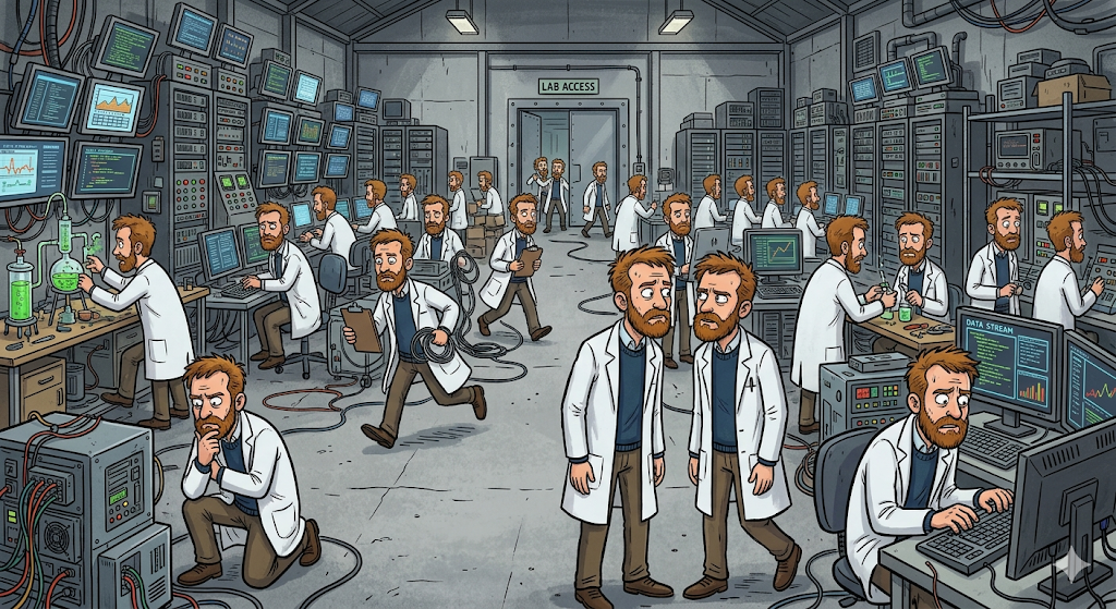 cartoon of a laboratory and control center set in a warehouse-like building with grey walls. The walls are hidden from view by compute cabinets, desks and multiple computer monitors, stacked wherever there is room. Many copies of the same lab scientist wearing a white coat with a reddish beard and concerned scientist look are all over the lab doing different things – tweaking machines, squatting down with hand on their chin, sitting at the terminal, walking across the room, entering by the door at the back. Two of them look at each other exchanging a meaningful glance