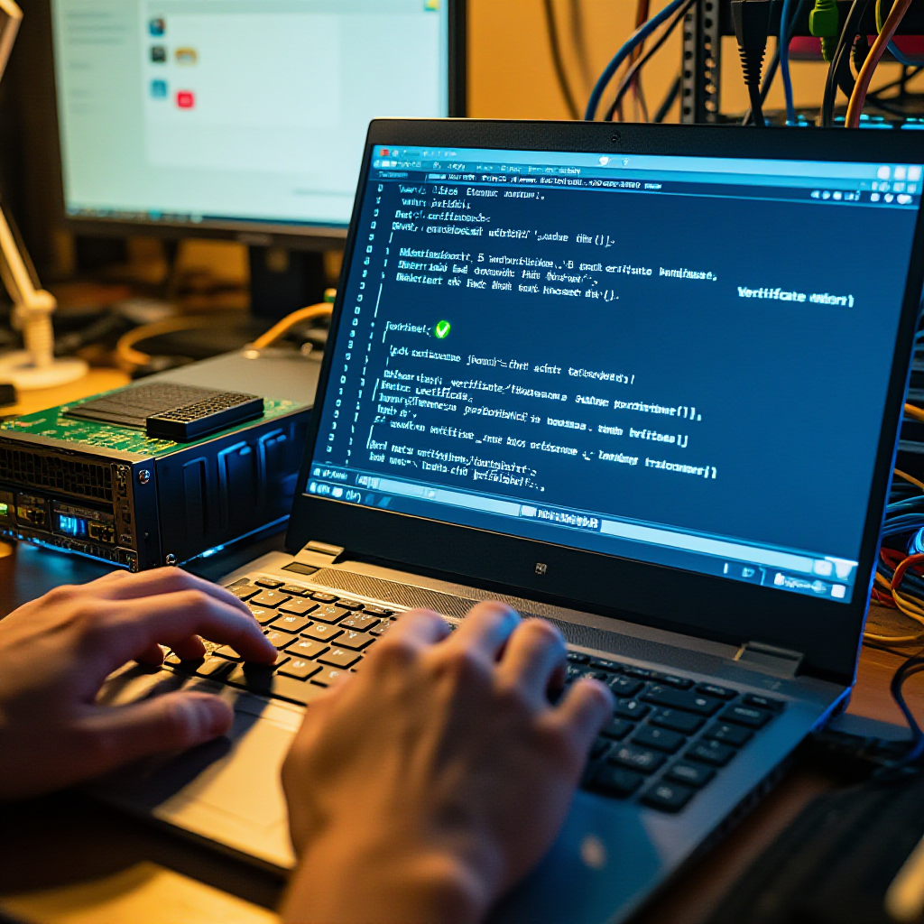 Close-up of a hand typing a bootstrap command into a terminal on a laptop balanced on a workbench next to server hardware, faint glowing text on screen suggesting a certificate handshake completing.