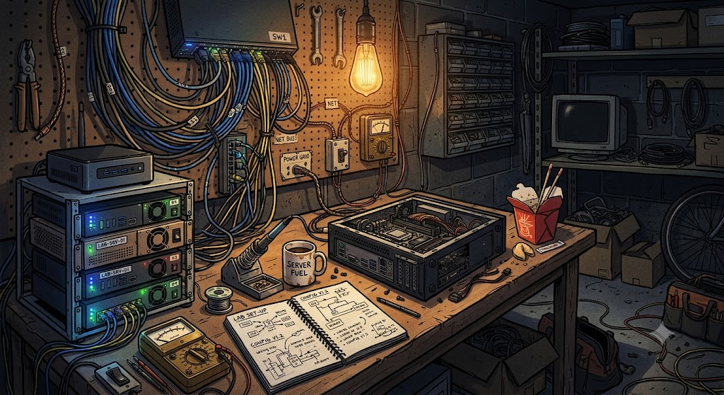 A cluttered home garage workshop at night, converted into a small server lab. Warm amber light pools over a workbench; the rest of the room is lit by the cool blue-green glow of LEDs on a small stack of mini servers and a tangle of ethernet cables.