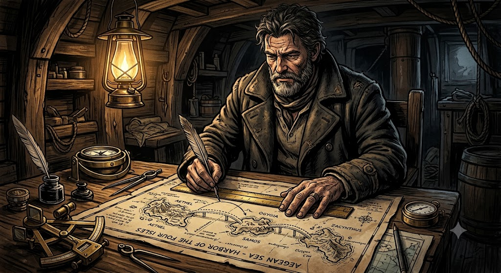 Odysseus, a weathered but bold and handsome ship’s officer at a chart table below deck