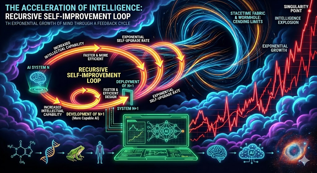 Illustration titled “The Acceleration of Intelligence: Recursive Self-Improvement Loop.” Glowing loops show one AI system designing a more capable successor, each pass faster than the last, feeding a spiral and a steeply rising red curve toward a “singularity point.” Along the bottom, a sequence runs from a molecule to DNA, a frog, a human, a brain, and a networked AI.