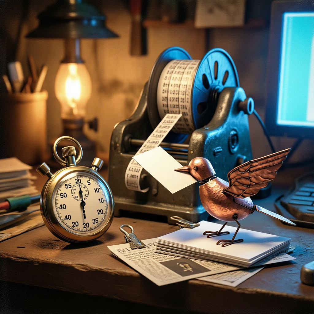 A brass stopwatch and an antique ticker-tape printer on a cluttered workbench, spooling out timing numbers, beside a small mechanical bird made of copper perched on a stack of index cards and newspaper clippings, one card in its beak.