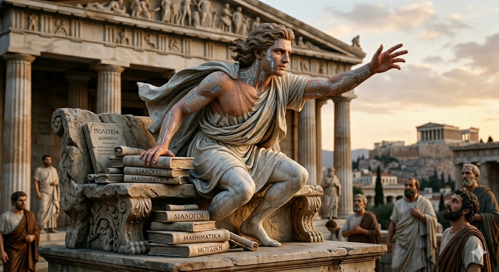 A marble statue evoking Plato’s Philosopher King in the form of an AI being.